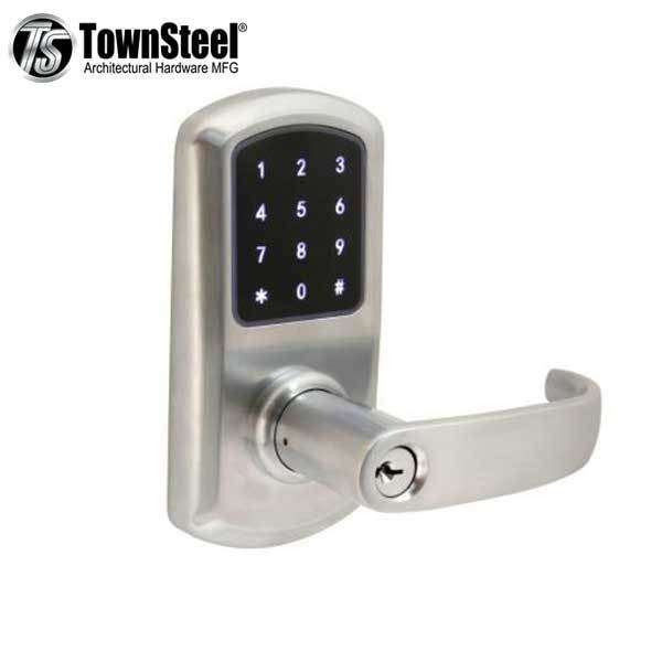 TownSteel - e-Elite 4010 - Electronic Push Button Lever Lock - RFID - 2-3/4″ Backset - Rigid Lever - Satin Chrome  - Key Override - Grade 1 - UHS Hardware