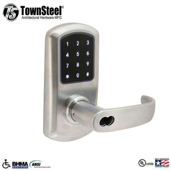 TownSteel - e-Elite 4010 - Electronic Push Button Lever Lock - RFID - IC Core (SFIC) - 2-3/4″ Backset - Rigid Lever - Satin Chrome  - Key Override - Grade 1 - UHS Hardware