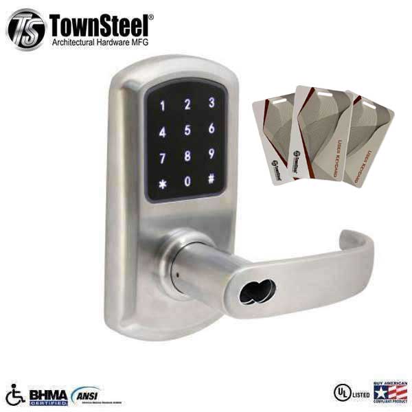 TownSteel - e-Elite 4010 - Electronic Push Button Lever Lock - RFID - IC Core (SFIC) - 2-3/4″ Backset - Rigid Lever - Satin Chrome  - Key Override - Grade 1 - UHS Hardware