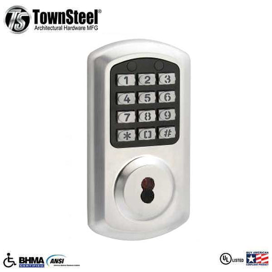 TownSteel - e-Smart-2000 - Electronic Push Button Deadbolt - SFIC -  6 Pin - Satin Chrome - Grade 2 - UHS Hardware