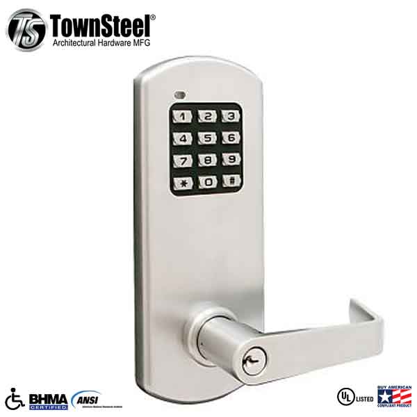 TownSteel - XCE2010S - Electronic Push Button Lever Lock - Rigid Lever - Satin Chrome - Grade 1 - UHS Hardware