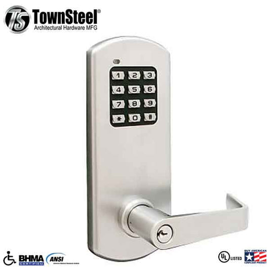 TownSteel - XCE2010S - Electronic Push Button Lever Lock - Rigid Lever - Satin Chrome - Grade 1 - UHS Hardware