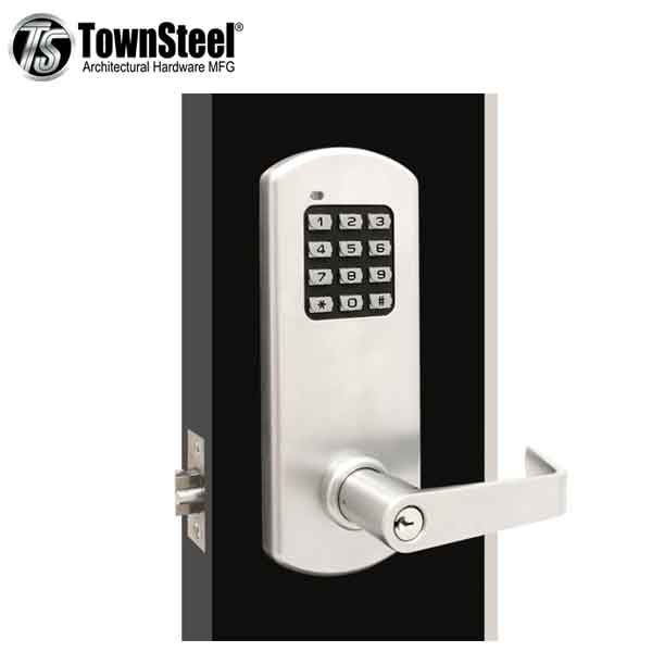 TownSteel - XCE2010S - Electronic Push Button Lever Lock - Rigid Lever - Satin Chrome - Grade 1 - UHS Hardware