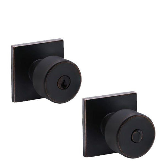 Contemporary Flat Ball Door Knob Set - Entrance - Square Rose - Aged Bronze - Grade 3 - UHS Hardware