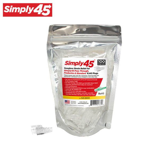 Simply45 - S45-B002 - Integrated Strain Reliefs - Clear - Commercial Rated - for Simply45 Unshielded Pass-Through / Standard RJ45 Cat6/Cat6a Modular Plugs - Resealable Bag of 100 - UHS Hardware