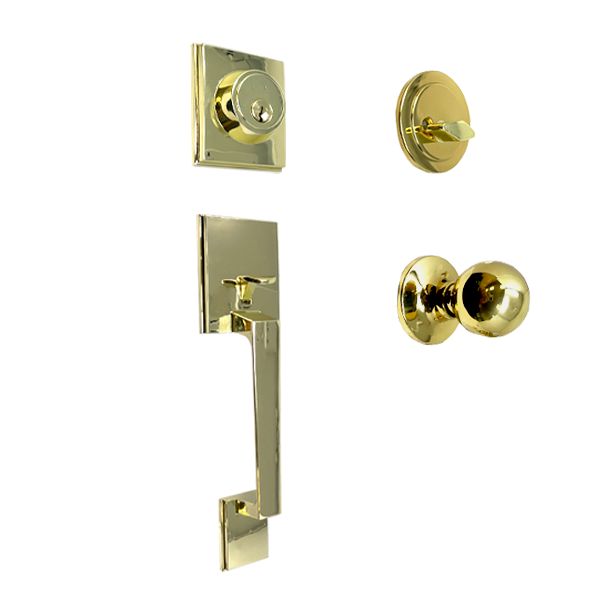 Premium Square "Montana" Style Design Handleset - Entrance - SC1 Keyway - Polished Brass - Grade 3 - UHS Hardware