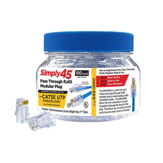 Simply45 - S45-1500 - Unshielded - Pass-Through RJ45 Modular Plugs - Blue Tint - Commercial Rated - for Cat5e UTP Solid / Cat5e/6 Stranded - Jar of 100 - UHS Hardware