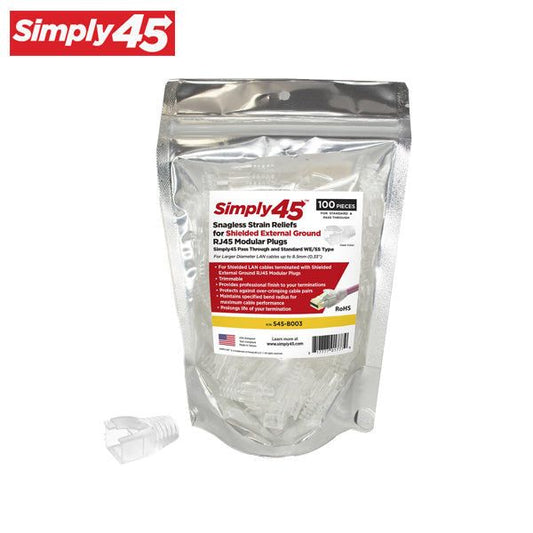 Simply45 - S45-B003 - Integrated Strain Reliefs - Clear - Commercial Rated - for Simply45 Unshielded Pass-Through / Standard RJ45 Cat6/Cat6a Modular Plugs - Resealable Bag of 100 - UHS Hardware