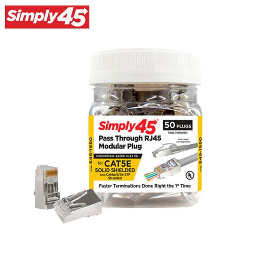 Simply45 - S45-1550 - Shielded - Internal Ground Pass-Through RJ45 Modular Plugs - Blue Tint - Commercial Rated - for Cat5e STP Solid / Cat5e/6/6a STP Stranded - Jar of 50 - UHS Hardware