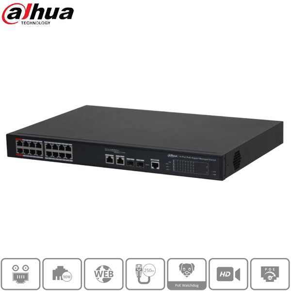 Dahua / PoE Ethernet Switch / 16-Port / 250m PoE / Managed / DH-PFS4218-16GT2GF-240 - UHS Hardware