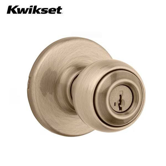 Kwikset - 400P - Polo Knob  - Round Rose - Entrance - 5 - Antique Brass - SmartKey Technology - Grade 3 - UHS Hardware