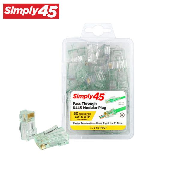 Simply45 - S45-1601 - Unshielded - Pass-Through RJ45 Modular Plugs - Green Tint - Commercial Rated - for Cat6 UTP Solid / Cat5e/6 UTP Stranded - Clamshell of 50 - UHS Hardware