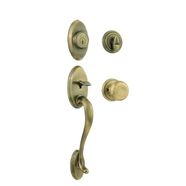 Kwikset - 800SEXJ - Shelburne Handleset w/ Juno Knob - Oval Rose - 5 - Antique Brass - Entrance - KW1 - SmartKey Technology - Grade 1 - UHS Hardware