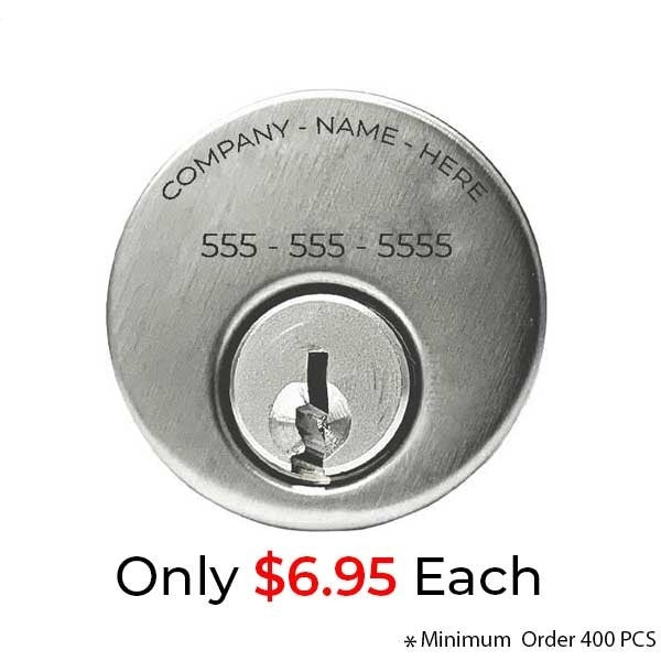 Custom Branded Premium Mortise Cylinder - w/ Name and Phone Number  - 1" - 26D - Satin Chrome - (SC1)